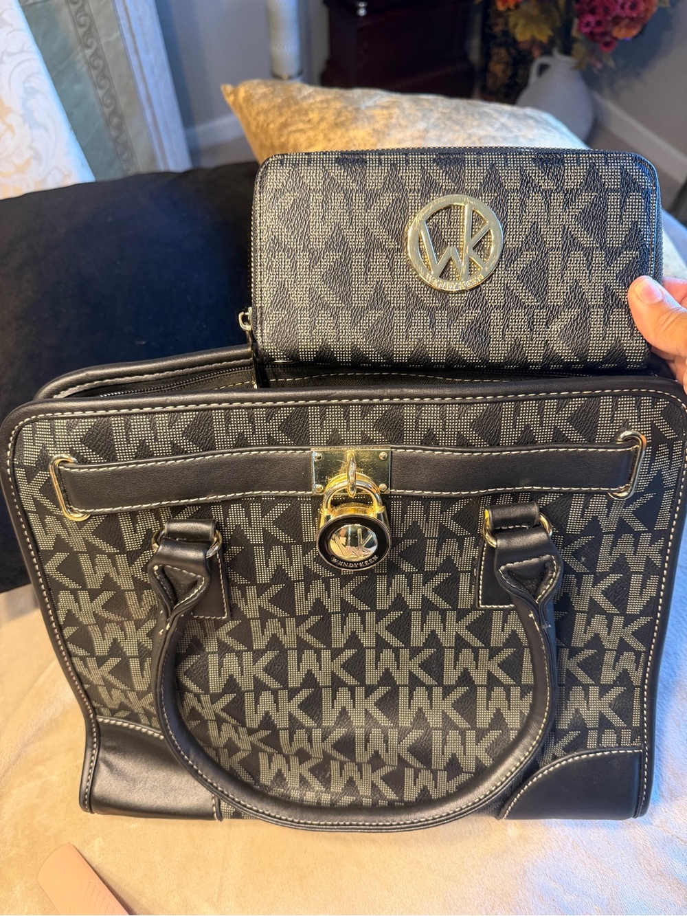 Wendy Keen  Gray WK Monogram Satchel with Matching Wallet